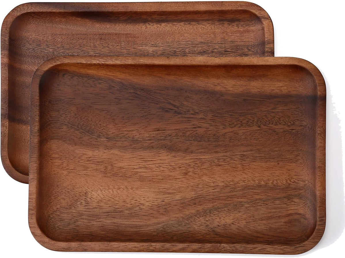 2PCS Serving Wood Valet Tray for Men Women, Catch All Acacia Mens Key Dump Be...