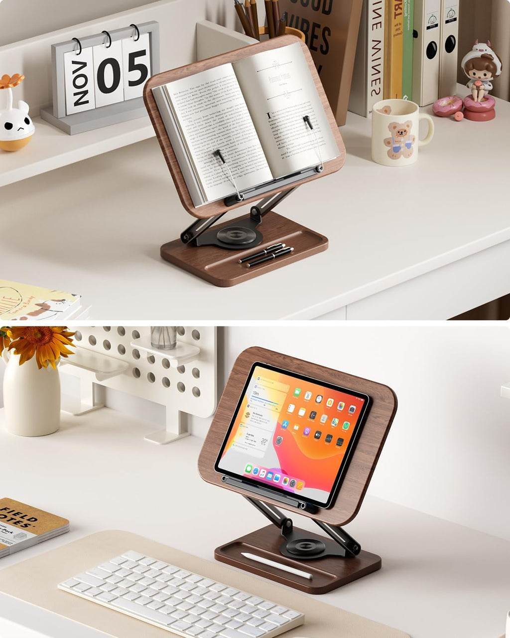 Viozon Book Stand for Reading, Book Holder 360° Rotating Base with Pen Slot, Foldable Reading Display Stand with Elastic Page Clips for Cookbook, Recipe, Textbook, Tablet, Laptop