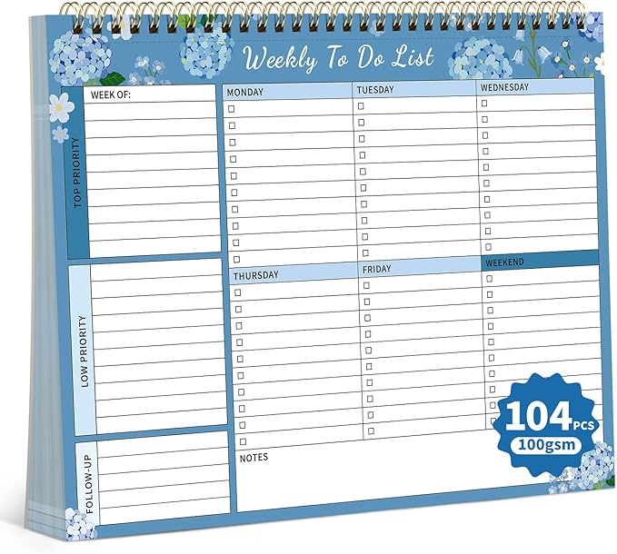 104 Pgs Weekly To Do List Notepad, 52 Duplex-Printed Undated Sheets 100 by ALKALO