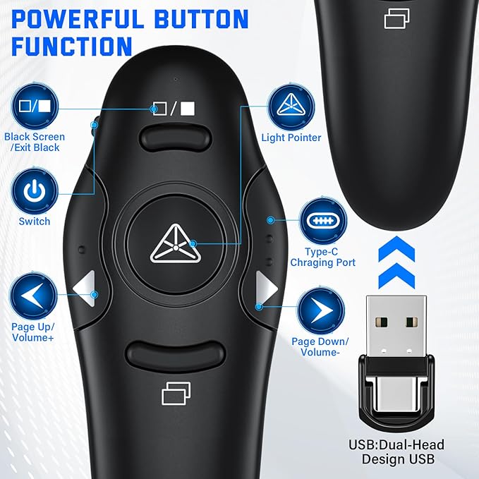 Presentation Clicker, Rechargeable Pointer, 2-in-1 USB Type C Powerpoint Clicker - Image 2
