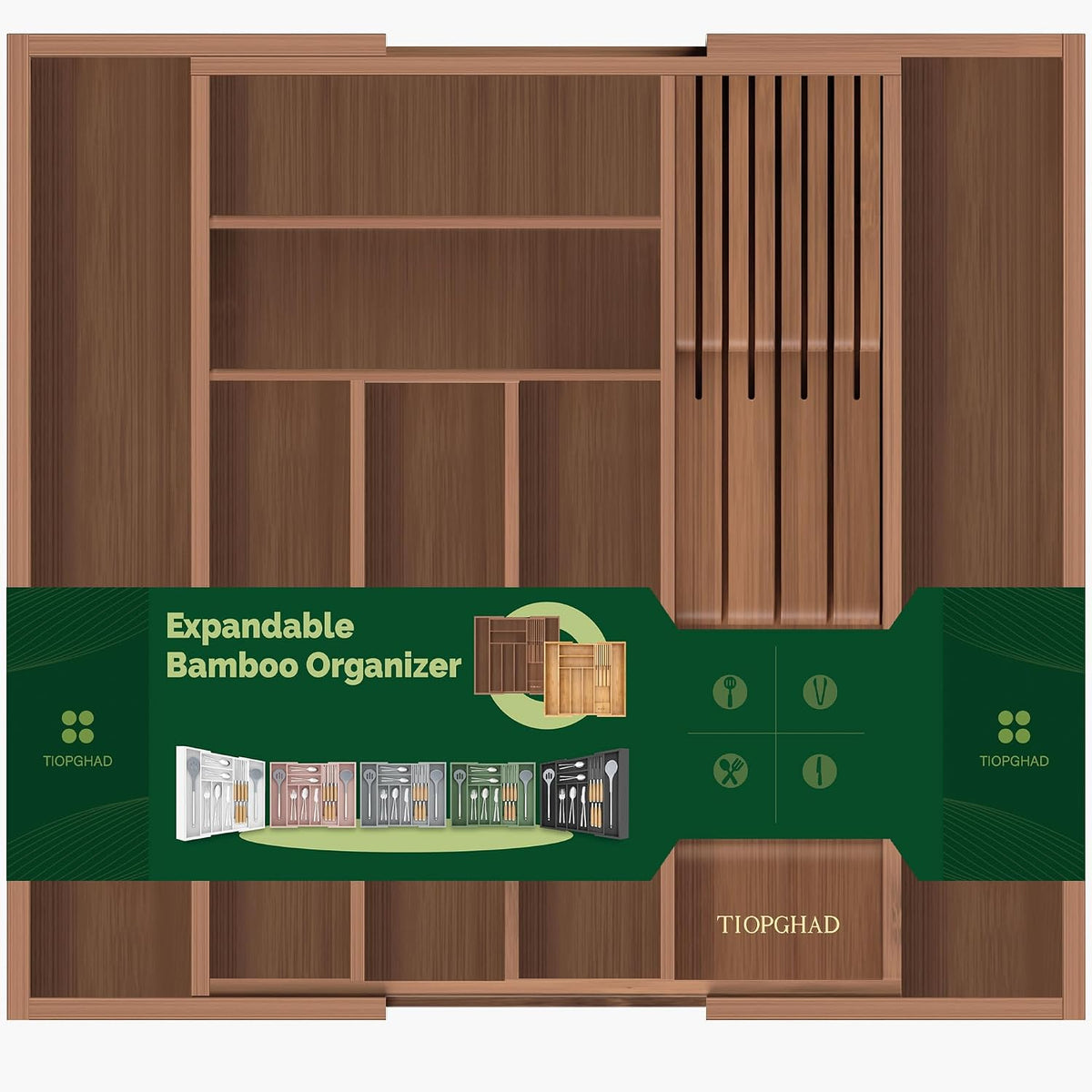TIOPGHAD Expandable Bamboo Silverware Organizer with Knife Block, Brown