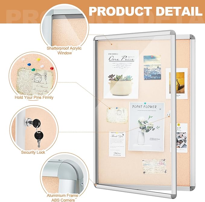 Geetery 36 x 24 Inch Enclosed Fabric Bulletin Board Tamperproof Lockable - Image 3