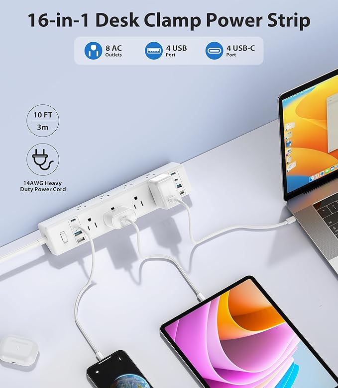 40W Fast Charging Station, Desk Clamp Power Strip 20W USB C, 8 Outlets - Image 2