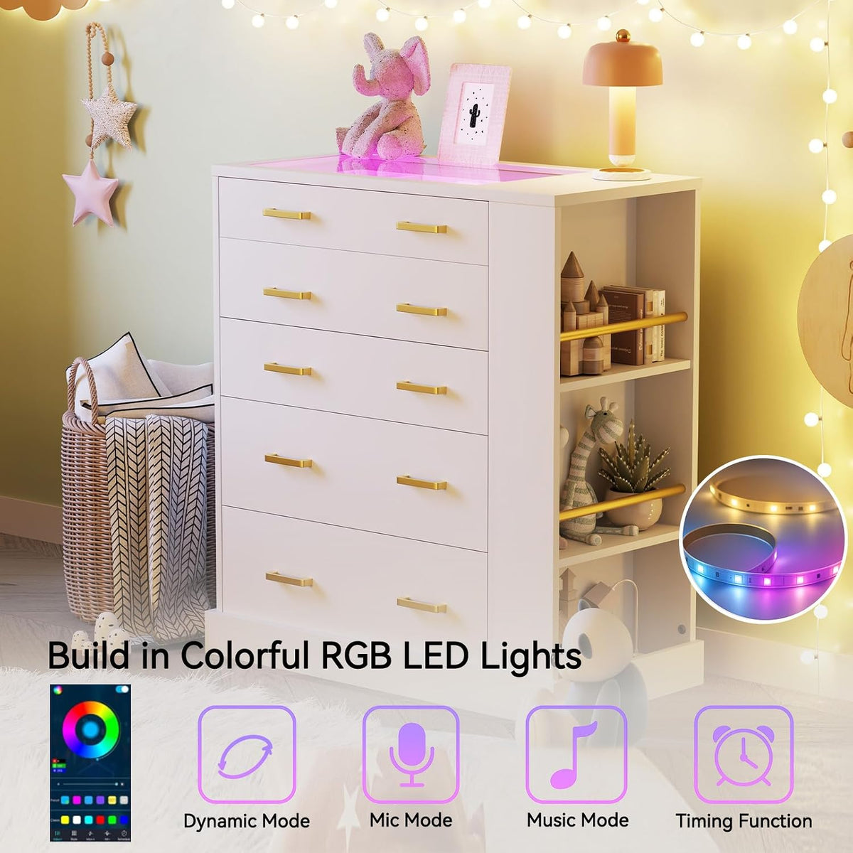 Drawer Dresser with Glass Top, LED Lights, 3 Open Shelves