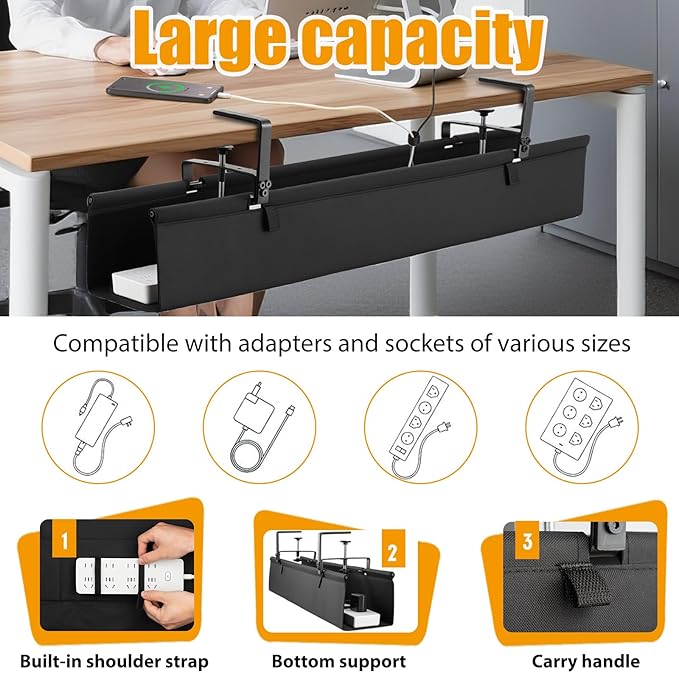 Oxford Cloth Under Desk Cable Management Tray, No-Drill 36" Desk Cable - Image 2