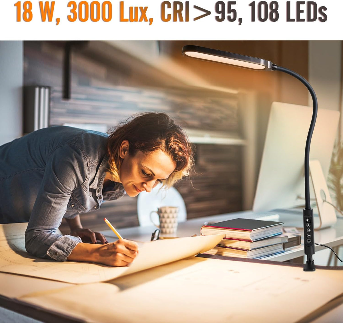 18W 3000LM LED Clamp Desk Lamp, CRI 95, Touch and Remote Control