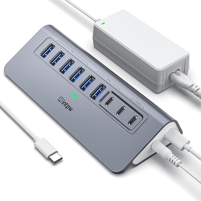 YH6AC Powered USB Hub 10Gbps, intpw 9-Port USB Splitter by intpw