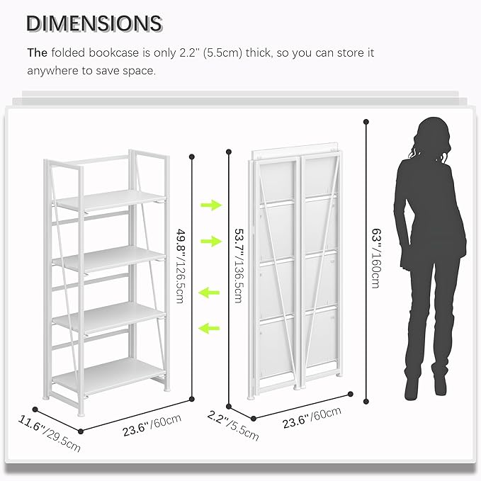 4NM No Assembly Folding Bookshelf Storage Shelves 4 Tiers Vintage Bookcase - Image 2