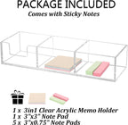Acrylic 3in1 Sticky Note Holder Desk Organizer with 3 Compartments | with Non-slip Pads,11.8" x 3.94" x 2.36" Self-Stick Memo Pad Dispenser for School Office Home Post Bank