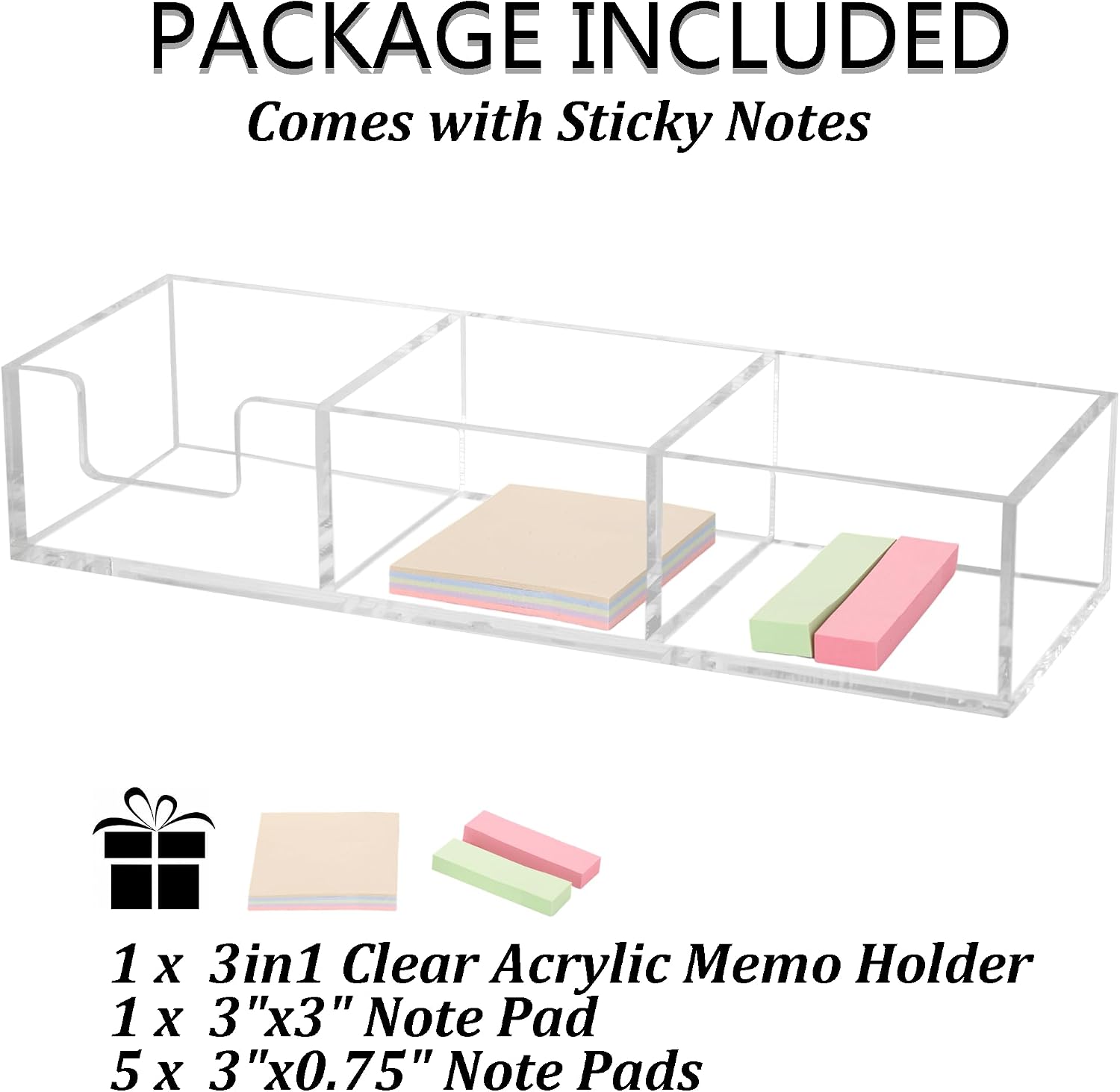 Acrylic 3in1 Sticky Note Holder Desk Organizer with 3 Compartments | with Non-slip Pads,11.8" x 3.94" x 2.36" Self-Stick Memo Pad Dispenser for School Office Home Post Bank