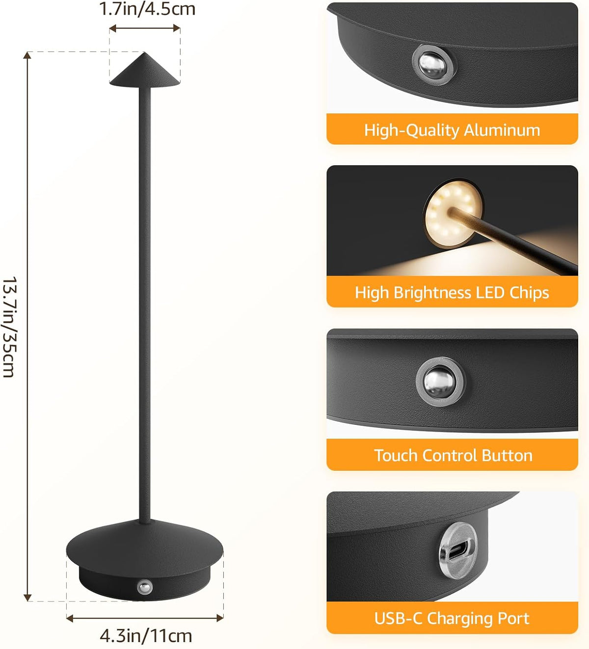 Cordless LED Table Lamps,Portable Battery Desk Lamp,2 Pack,Black