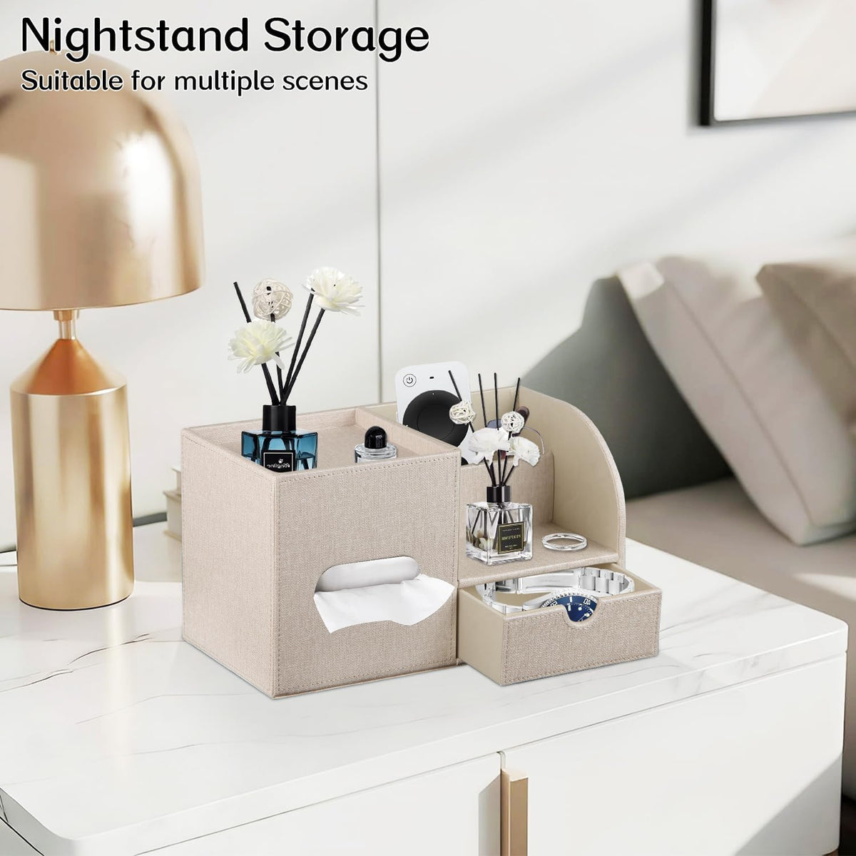 PU Leather Tissue Box Cover Square with Drawer Storage and Tray on Top