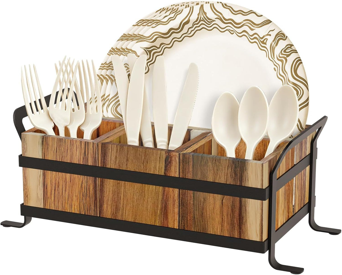 Acacia Wood Silverware Caddy for Party, 4 Compartment