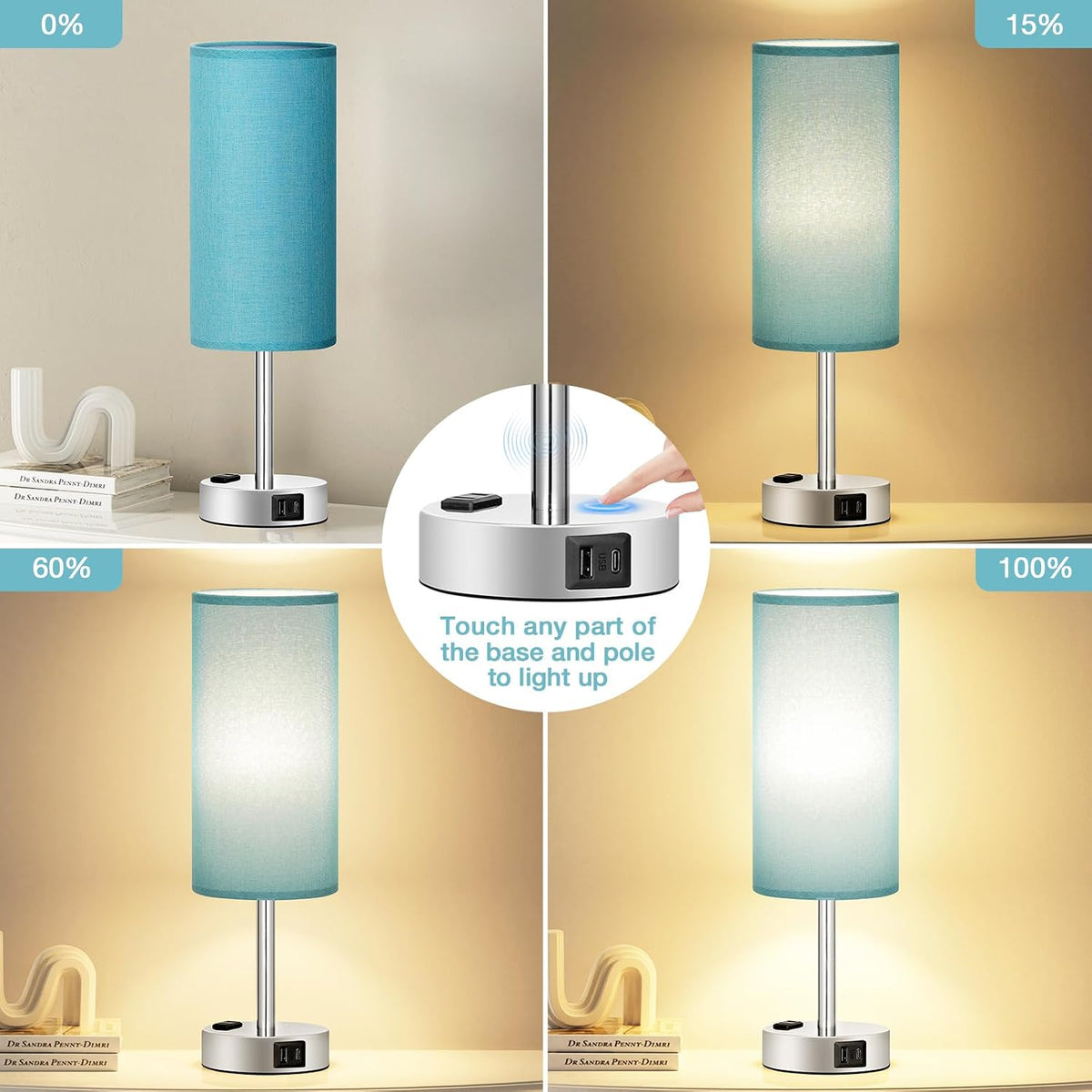 Fenmzee Light Beige Bedside Table Lamp, Dimmable Touch, USB A+C, AC Outlet