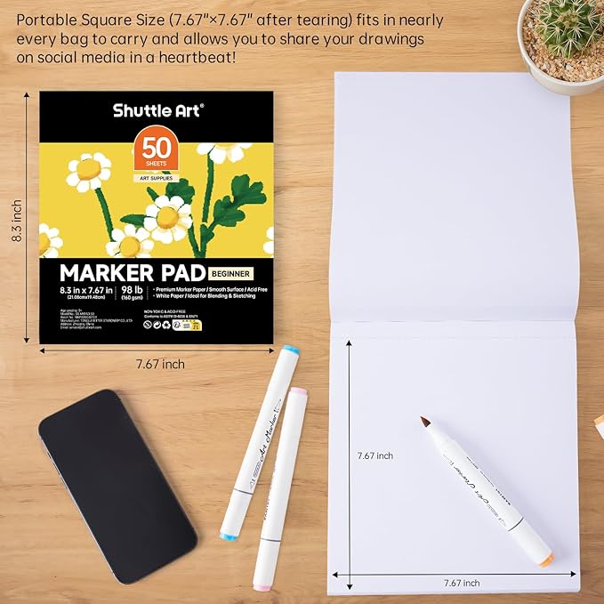 Shuttle Art Marker Pad, 8.3”x7.67” Portable Square Sketchbook, 50 Sheets Marker - Image 4
