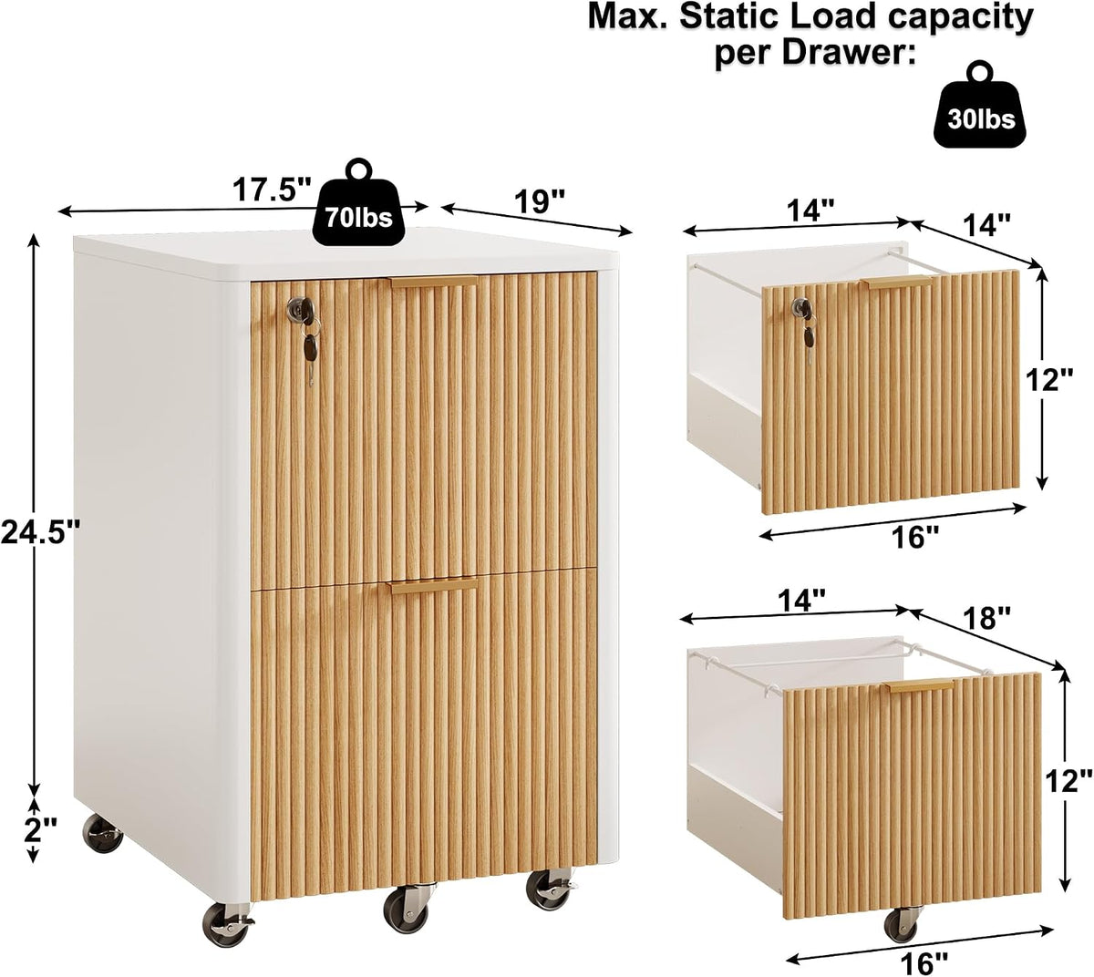 2 drawers fluted mobile file cabinet with lock shown in use