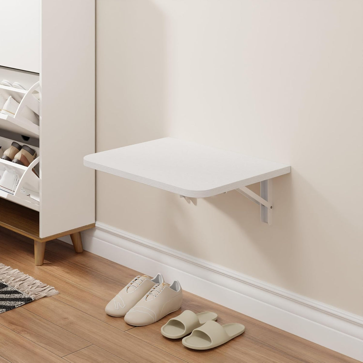 IAE 16 Inch Fold White Floating Wall Shelves, 12 Inch Deep Wood Wall Shelf