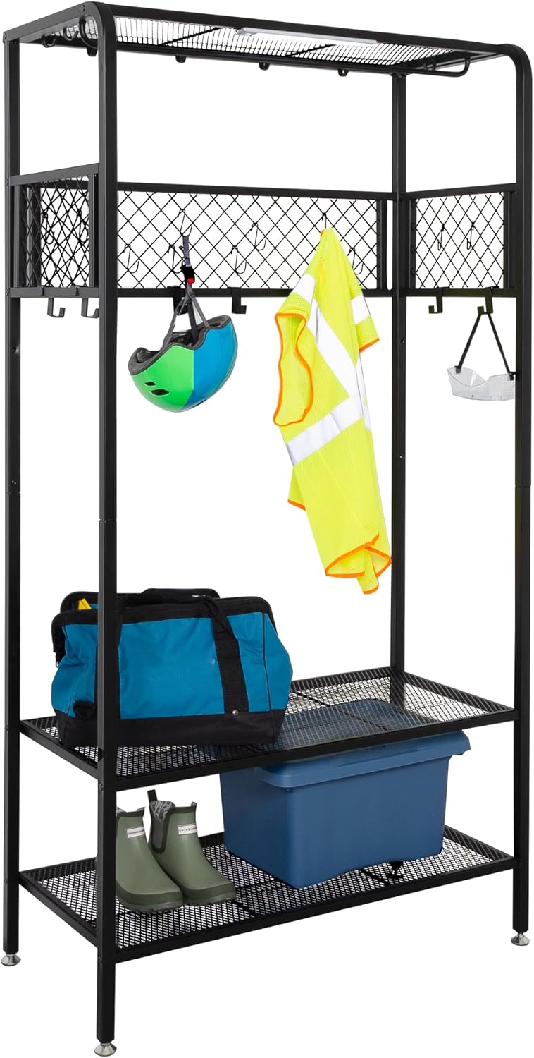 honey-can-do garage entryway storage unit with light, hooks, main product view