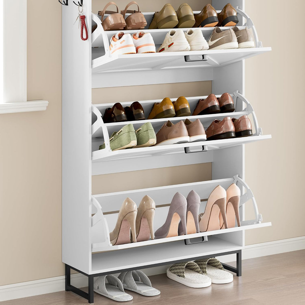 BORNOON Shoe Cabinet with 3 Flip Drawers Narrow Shoe Storage Cabinet Organize...