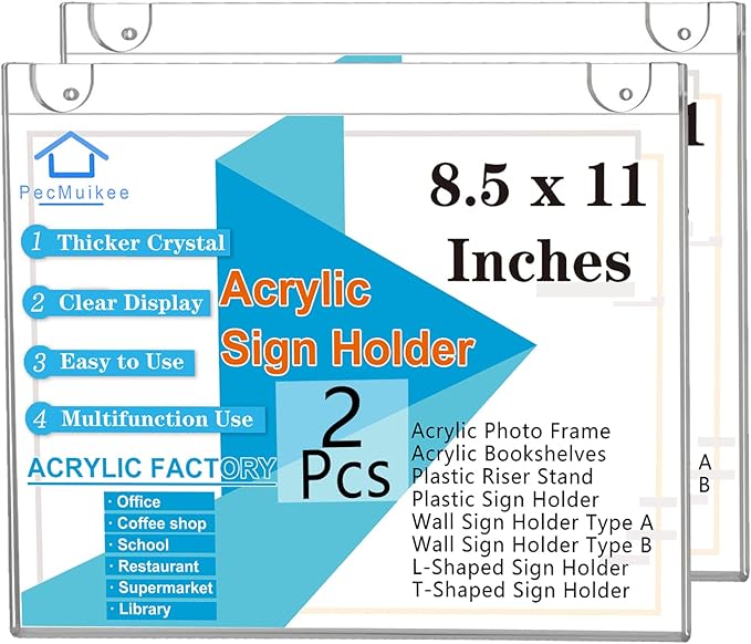 PecMuikee Acrylic Sign Holder 8.5x11 Horizontal, Wall Mount Acrylic Sign Holder by PecMuikee