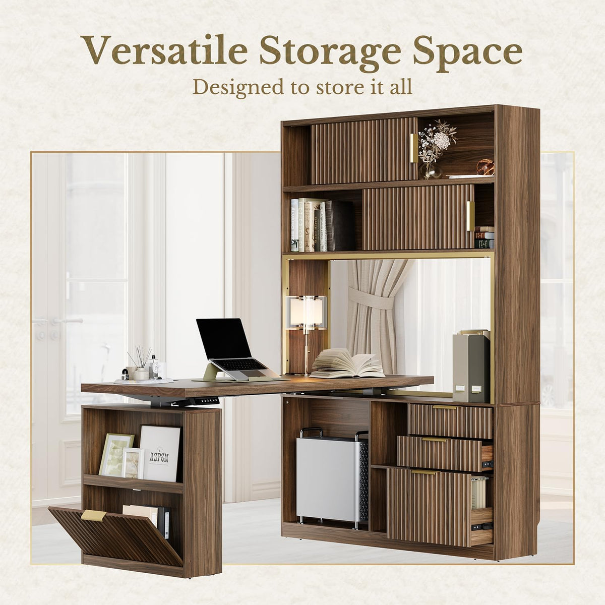60'' L Shaped Standing Desk with Hutch, Black Walnut