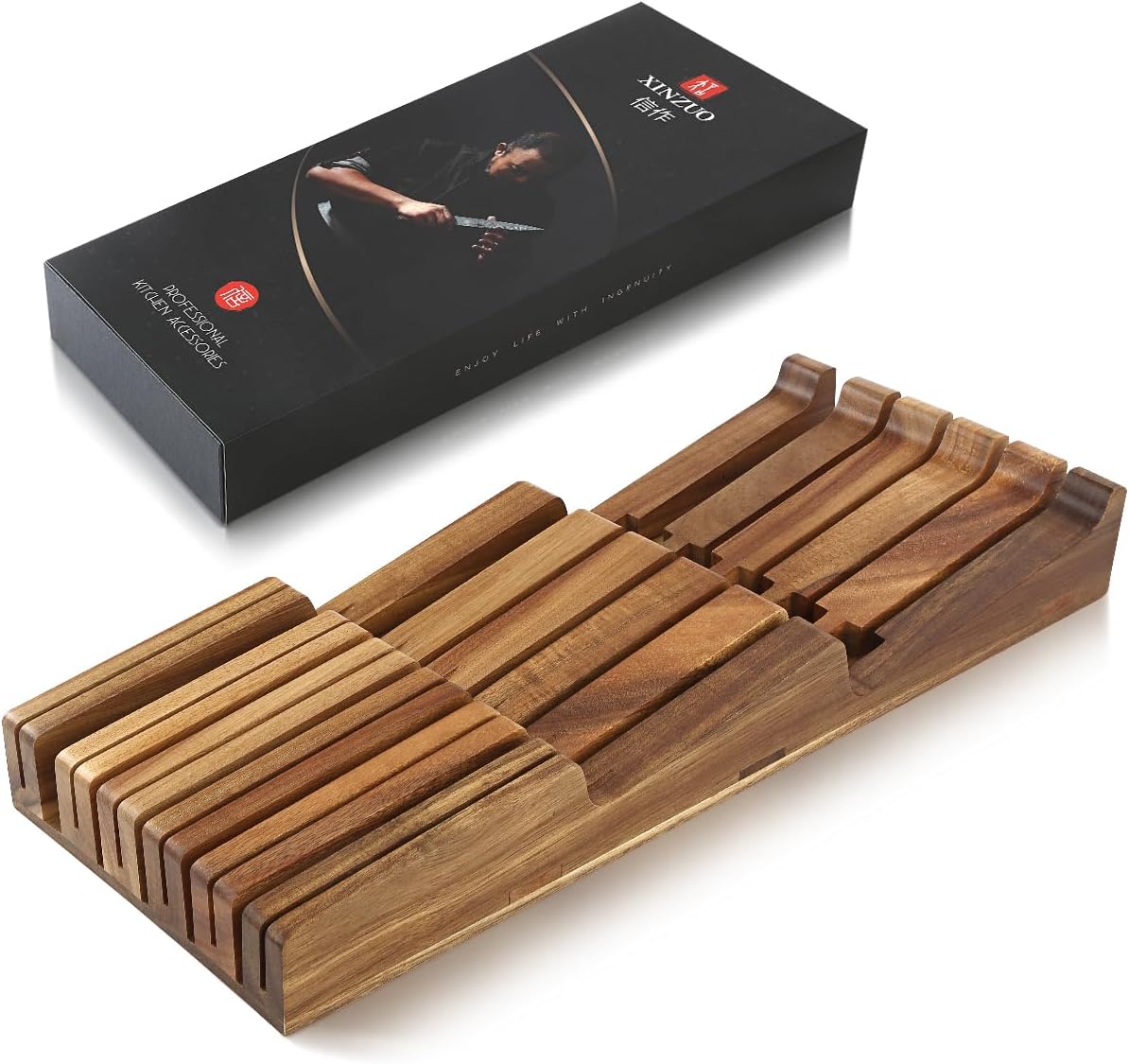 XINZUO In-drawer Knife Block, Natural Acacia Knife Drawer Oganizer, Insert-Ki...