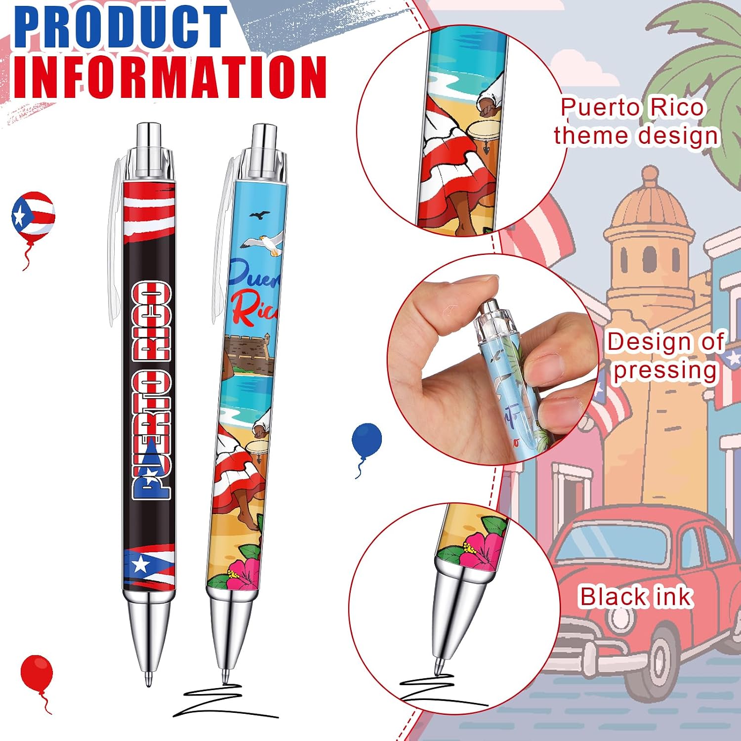 Sayglossy 48 Pcs Puerto Rico Party Souvenirs Gifts Puerto Rico Ballpoint Pens with Flags Frog Hibiscus Flowers Pattern for Patriotic Latin American Spanish Party Favors (Novelty Style)