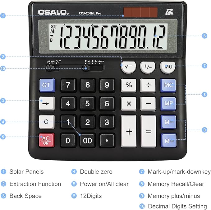 OSALO Desktop Calculator Extra Large Display 12 Digits Big Buttons Solar - Image 7