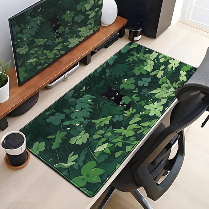 Black Cat Anime Desk Gaming Mat, XL Green & Large, 31.5x15.8in, - Image 4
