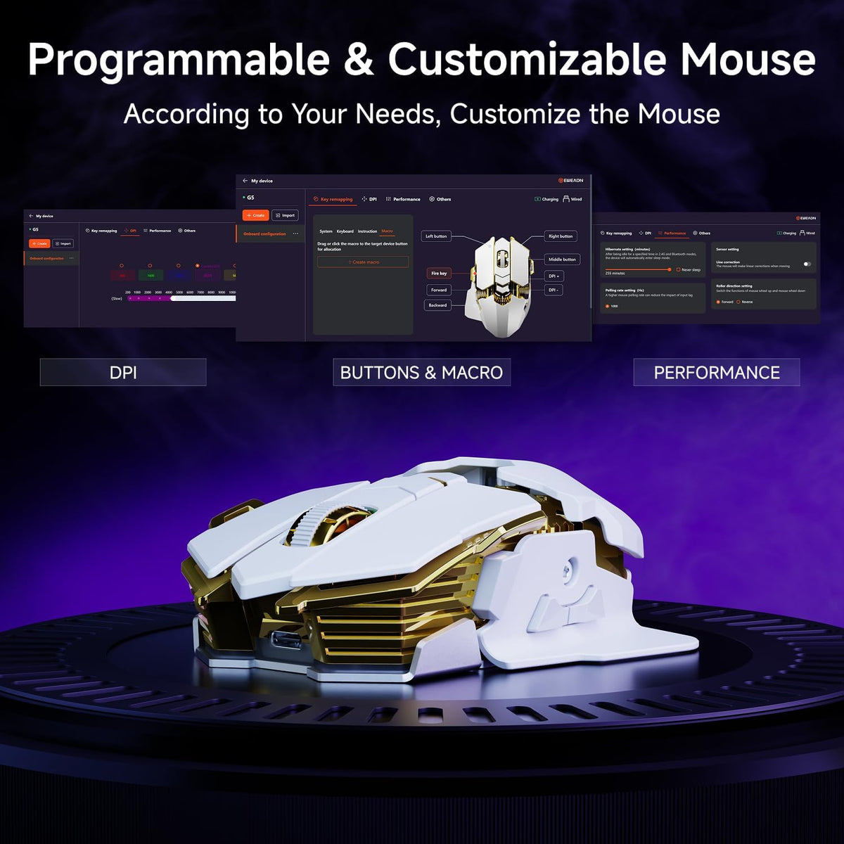 EWEADN G5 Tri-Mode Wireless Gaming Mouse, 12800 DPI Programmable Ergonomic Mo...