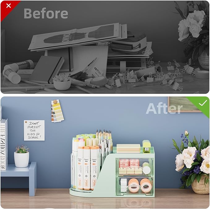 Marbrasse Desk Organizer with 2 Drawer, 360°Rotating Pen Holder, Desk - Image 7