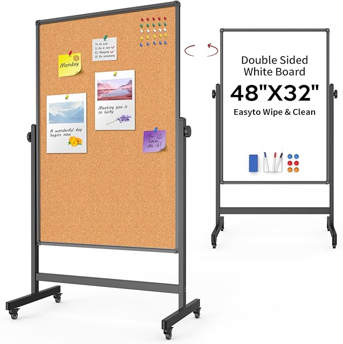 Double-Sided Corkboard Whiteboard, 32 x 48 Inches Dry Erase Board on Wheels by UIFER