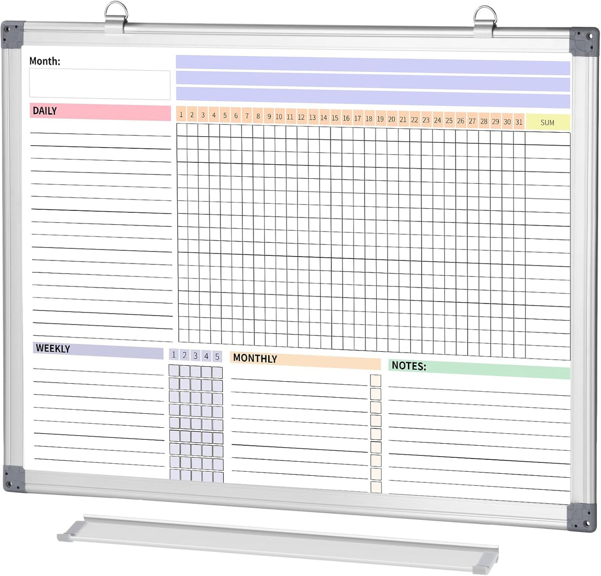 Habit Tracker Dry Erase Whiteboard with Silver Aluminium Frame for Wall 24&qu...