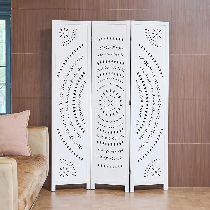 66.9Inch Folding Room Divider, 3 Panels Wood Carved Privacy Screens, Free - Image 2