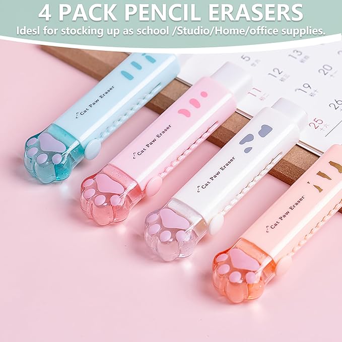 PANDENNER Retractable Pencil Eraser, Cute Erasers, Cat Paw Eraser, Suitable - Image 2