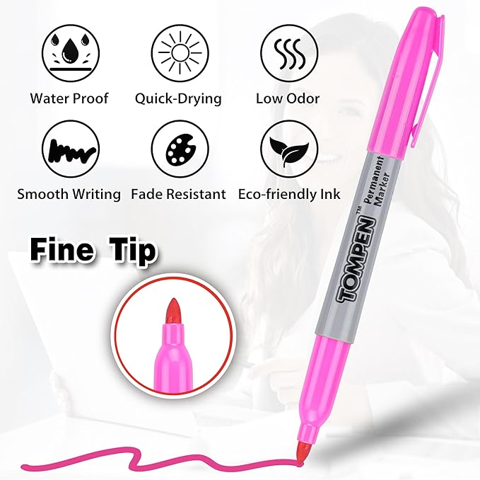 TOMPEN Permanent Markers Fine Tip 100 Pack Bulk, 10 Assorted Colors, Waterproof - Image 5