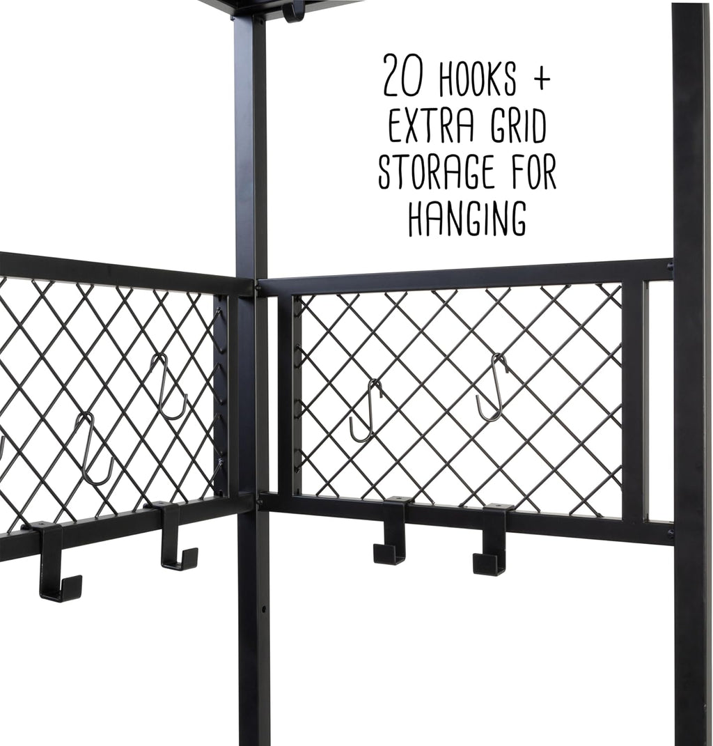 honey-can-do garage entryway storage unit with light, hooks showing dimensions