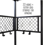 honey-can-do garage entryway storage unit with light, hooks showing dimensions
