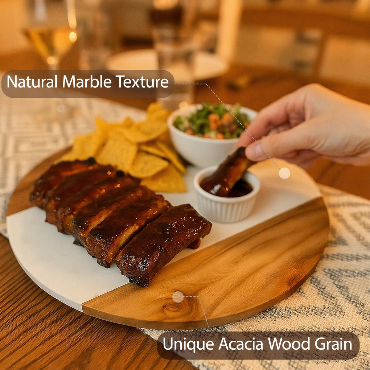 13" Marble & Wood Lazy Susan, Rotating Stone Tabletop Tray