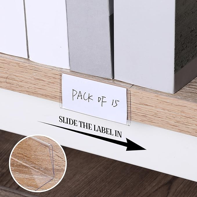 Containlol 15 Pieces Moveable Shelf Label Holders Clear Shelves Tags Moveable - Image 5