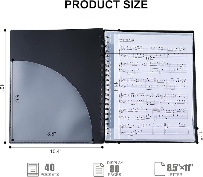 Piano Sheet Music Folder Organizer: 40 Plastic Sleeves Display 80 Pages Spiral - Image 2
