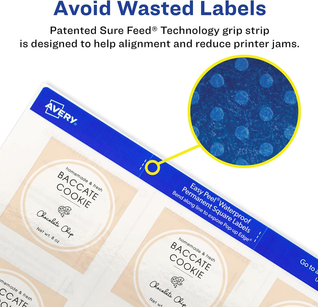 Avery® Durable Waterproof Square Labels, Sure Feed® Technology, 2" x 2", White, Laser & Pigment-Inkjet Compatible, 96 Blank Labels Total, Great for Branding, Packaging, and More (64510)