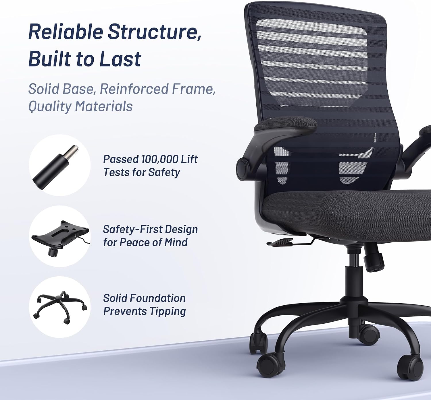 Office Desk Chair for Long Hours & Lower Back Pain Relief – 4“ Thick Molded Foam Cushion, Enhanced Lumbar Support, Padded Flip-up Armrests, Ideal for Office or Study, Black