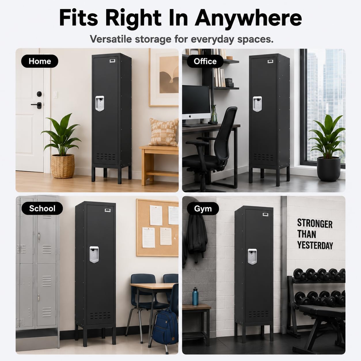 BUTISOW Lockable Metal Storage Locker with Card Slot (15" W x 15" D) Durable Storage Cabinet, Lockers for Employees & Kids, Fits Bedroom Gym School & Office (Black, 54" - 1 Door)
