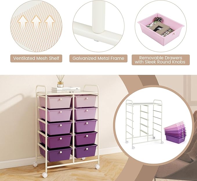 LDAILY 10 Drawer Rolling Cart, Storage Cart Organizer on Wheels, Drawer Cart - Image 6