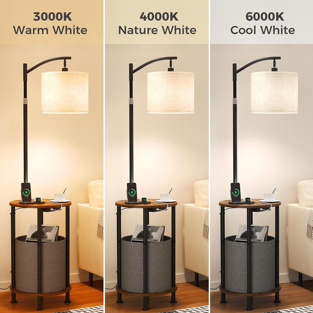 Floor Lamp with Table,Nightstand with Charging Station Living Room