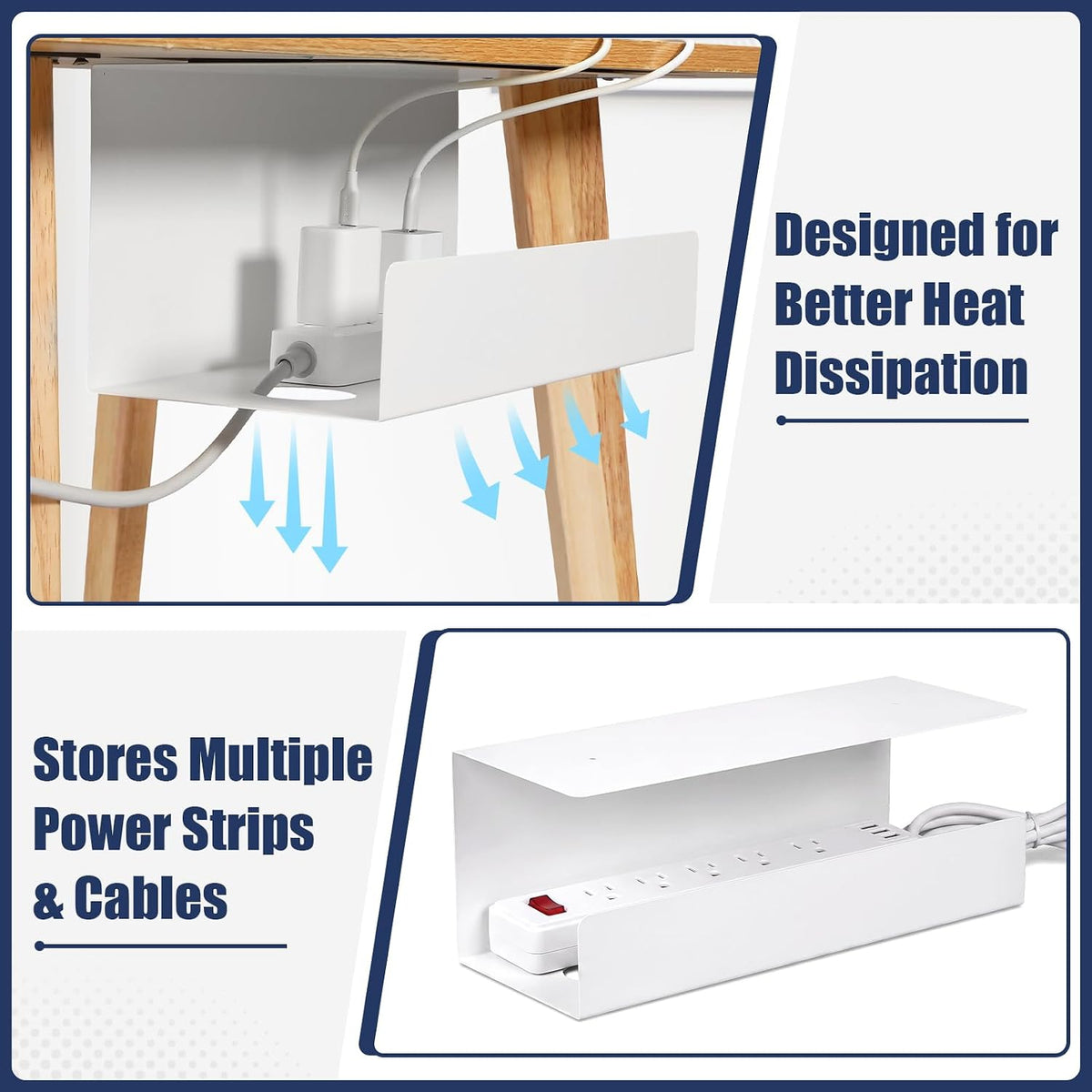 2 Pack Under Desk Cable Management Tray,Hold 11 lbs, 16 x 6 x 6 Inch, White