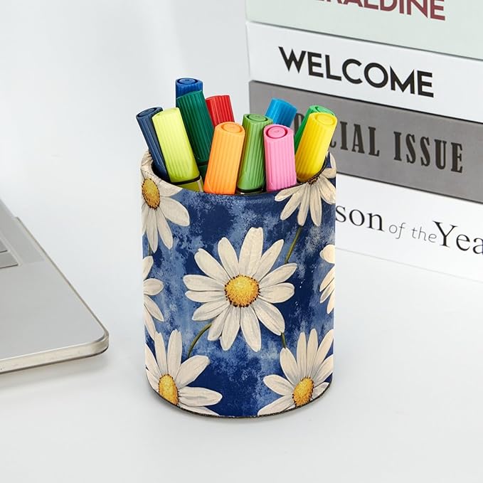 Leather Pen Holder for Desk, Colorful Aesthetic Flowers Pencil Cup Desktop - Image 5