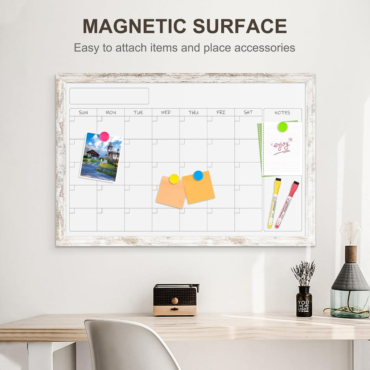 Monthly Dry Erase Calendar Whiteboard for Wall, 36"x24", Rustic Woo...