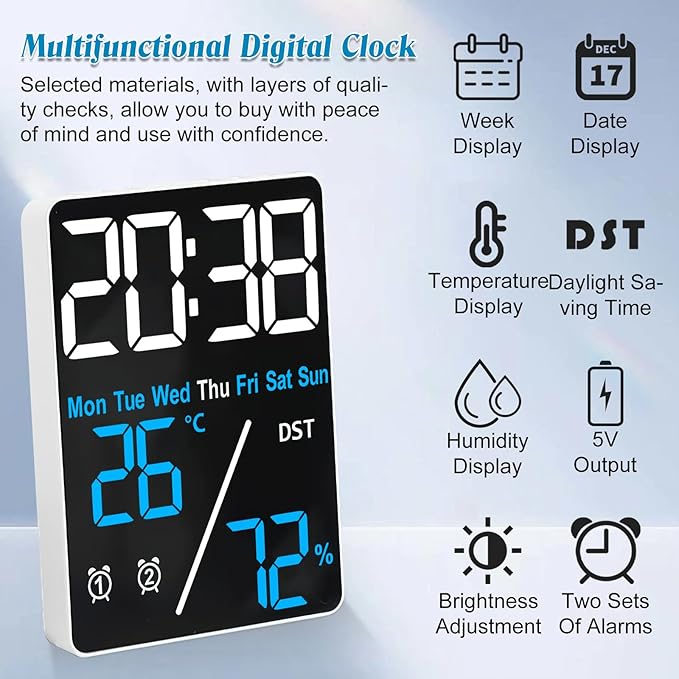 Kytree Digital Room Thermometer Hygrometer Alarm Clock, 5.9 inch Desktop - Image 3